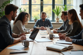 Groupe d'entrepreneurs lors d'une réunion dans un espace coworking lumineux