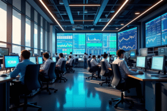 Salle de trading moderne avec écrans CAC 40 et professionnels