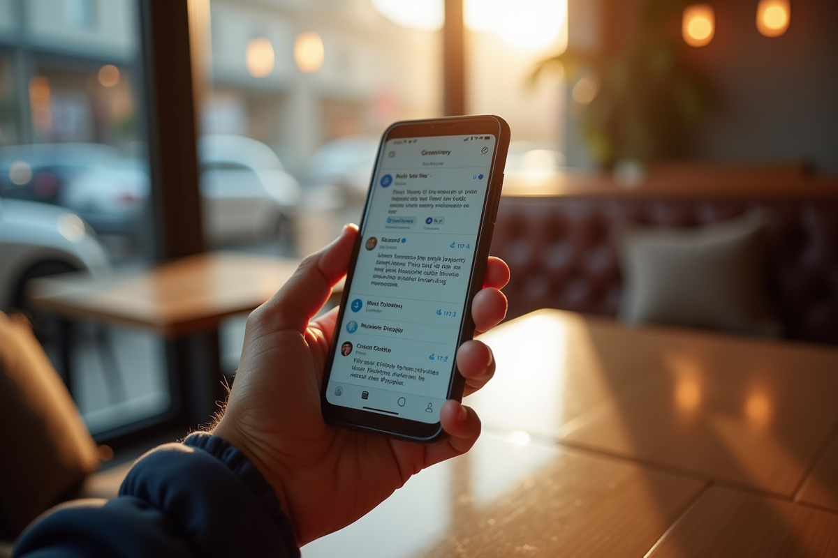 Smartphone avec notifications de crise sur réseaux sociaux en café