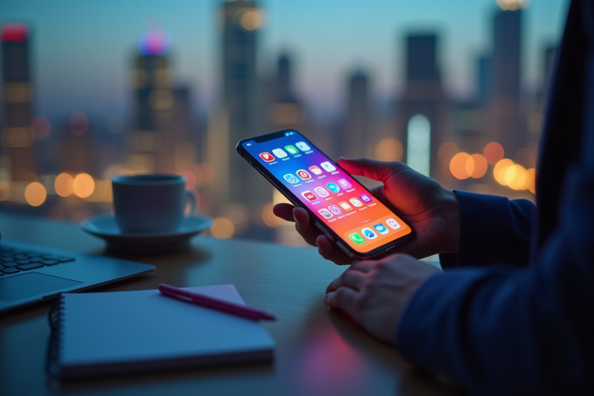 Smartphone affichant des icones de réseaux sociaux colorés