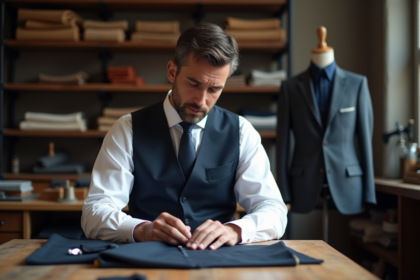 Tailleur homme en atelier parisien concentré sur sa couture