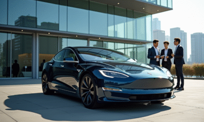 Voiture Tesla moderne devant un bâtiment vitré en ville