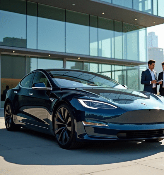 Voiture Tesla moderne devant un bâtiment vitré en ville