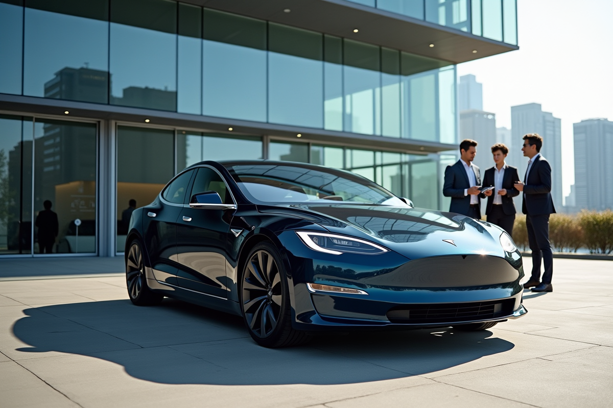 Voiture Tesla moderne devant un bâtiment vitré en ville